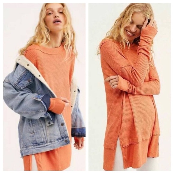 Free People Tops - Free People North Shore Orange Oversized Thermal Tunic Top Waffle Knit M
